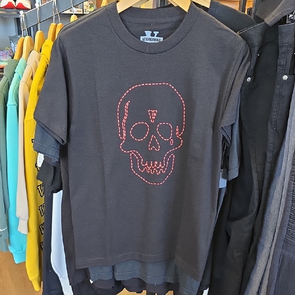 Neighborhood Black Tee with Red Skull Design